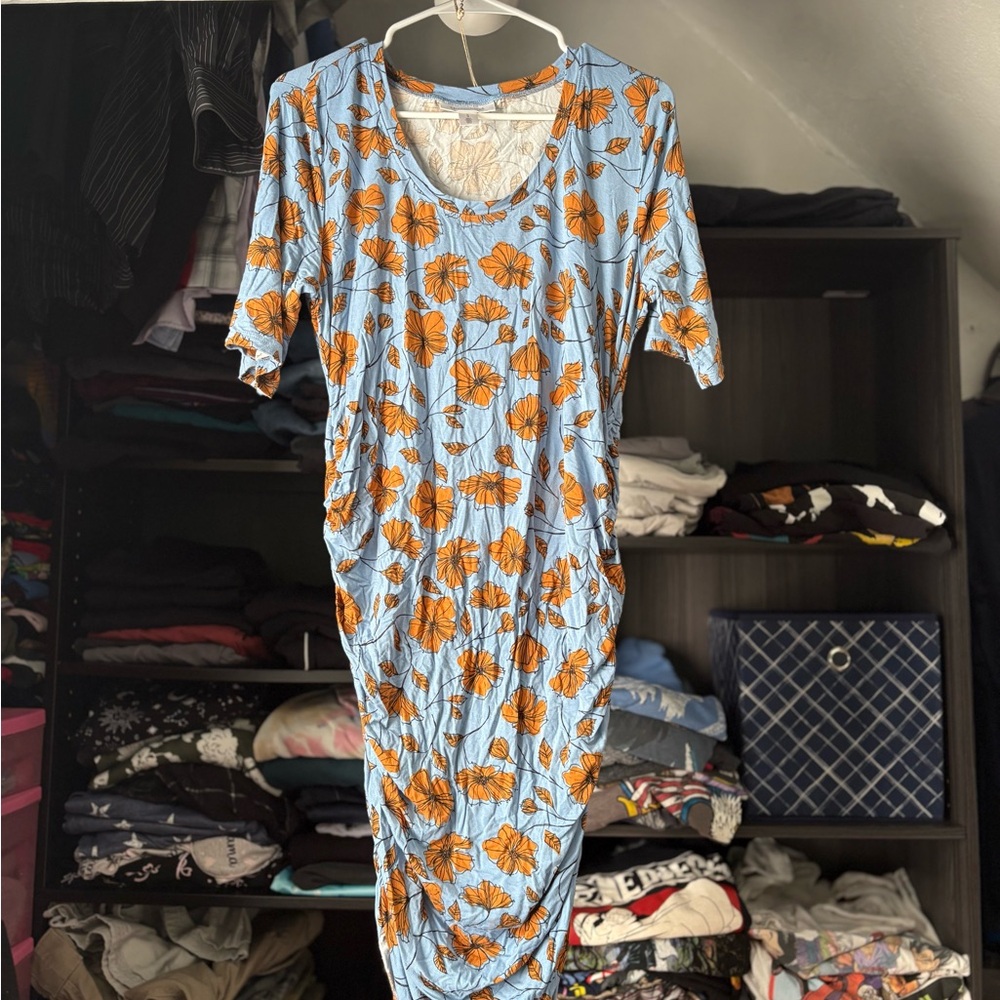 Motherhood Maternity Blue and Orange Floral Midi Dress